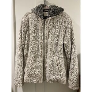 Thread + Supply Women's Hooded Sherpa Jacket Full Zip Lined Pockets Ivory Grey L